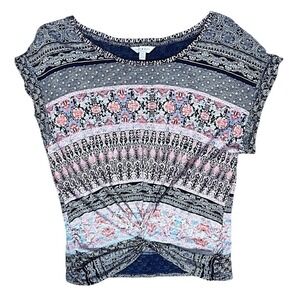 Lucky Brand Boho Geometric Tile Twist Front Blue Pink Shirt Sm Festival Indie